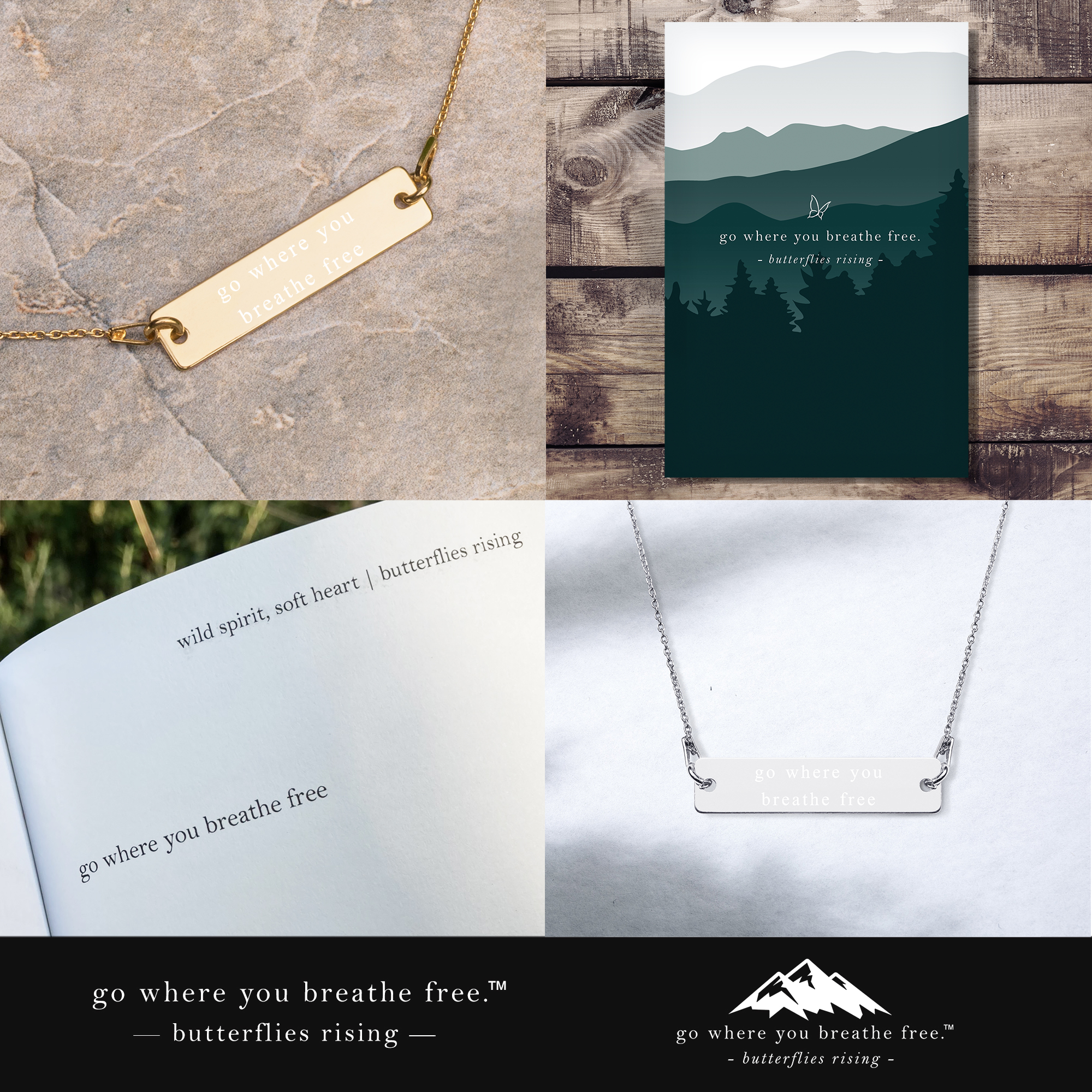 go where you breathe free bar necklace - butterflies rising quote